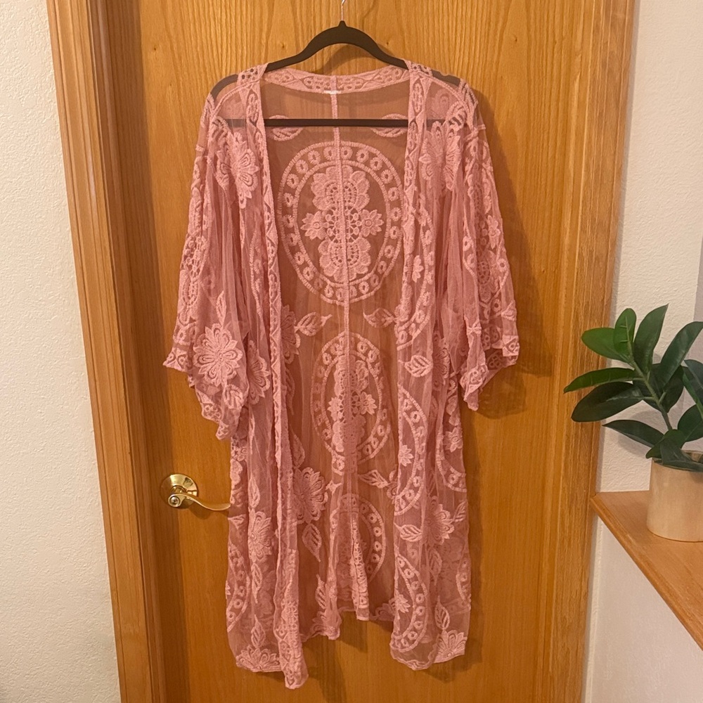Sheer Lace Kimono Cardigan - Dusty Rose